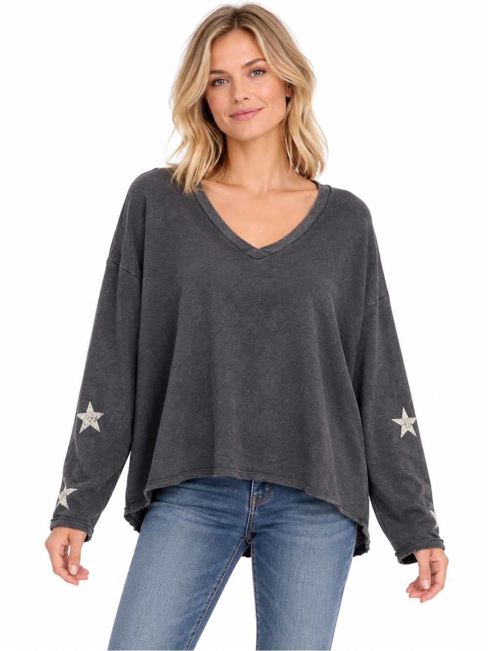 POL Charcoal V-Neck Star Sleeve Pullover
